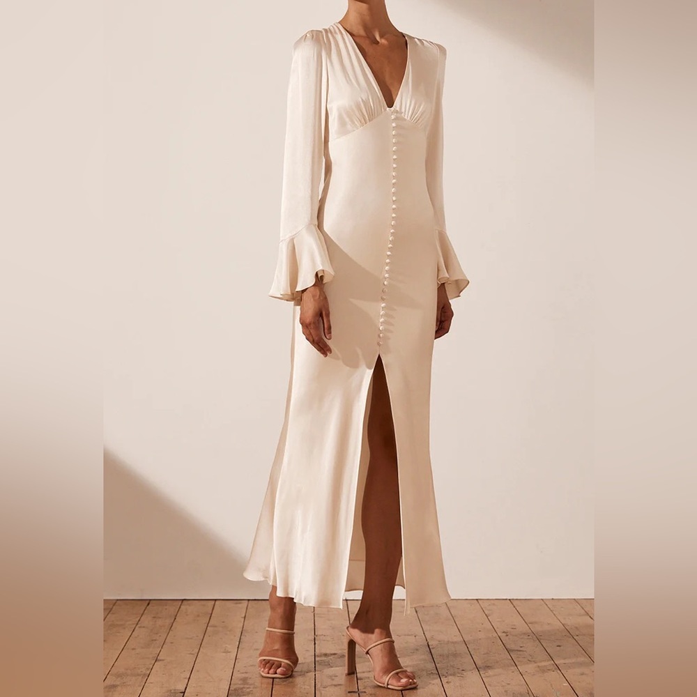 Shona Joy La Lune Frill Cuff Bias Midi Dress - Cream